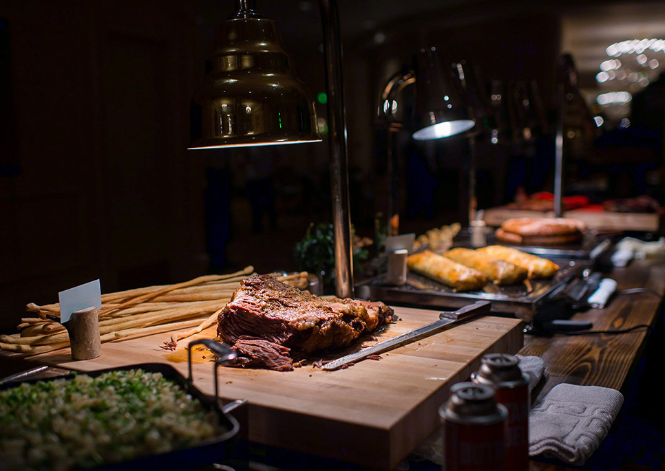 buffet steak on butcher block
