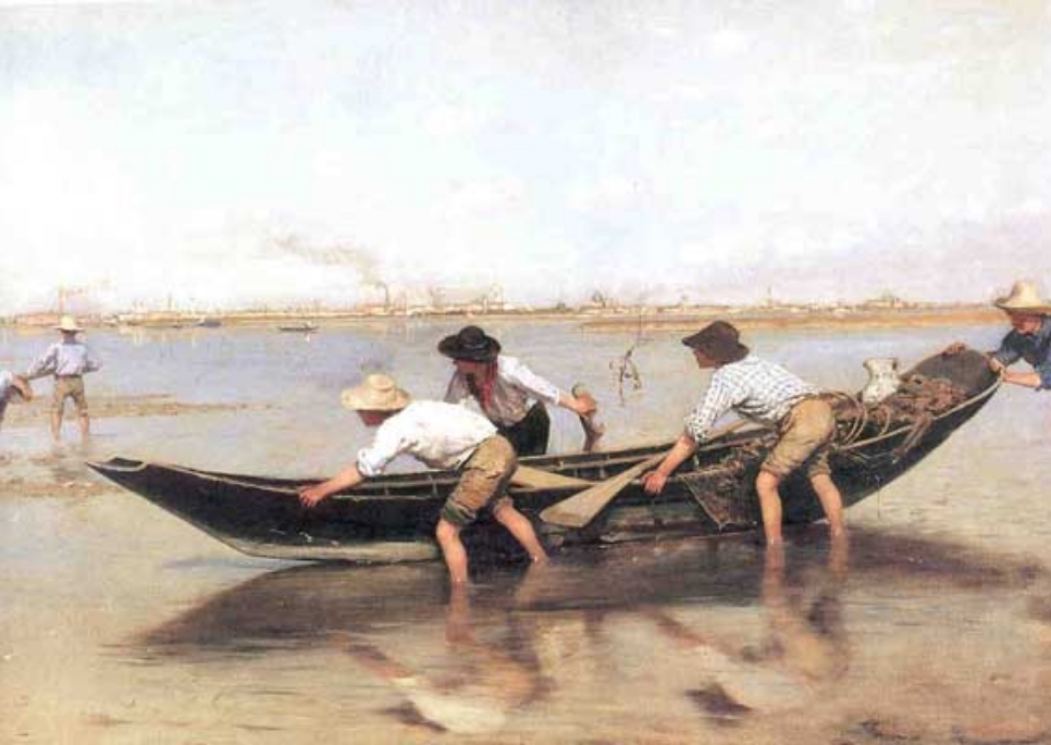painting of three men pulling boat to shore